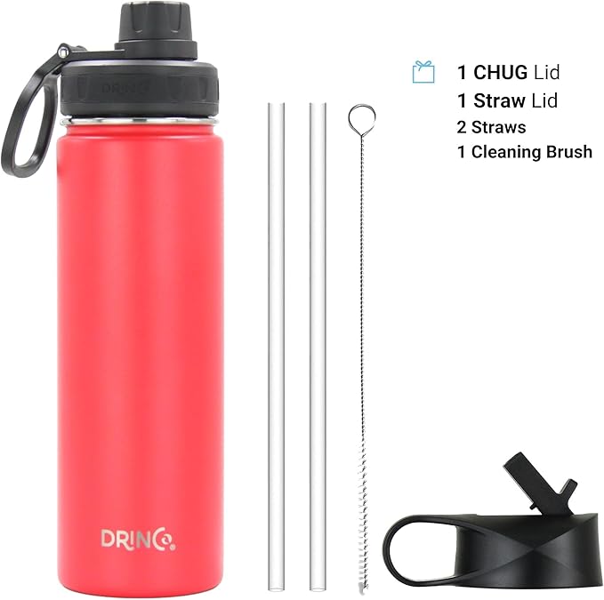 DRINCO Stainless Steel Water Bottle Spout Lid Vacuum Insulated Double Wall Water Bottle Wide Mouth (40oz 32oz 22oz 18oz 14oz) Leak Proof Keeps Cold or Hot (22 oz, 22oz Barn Red)