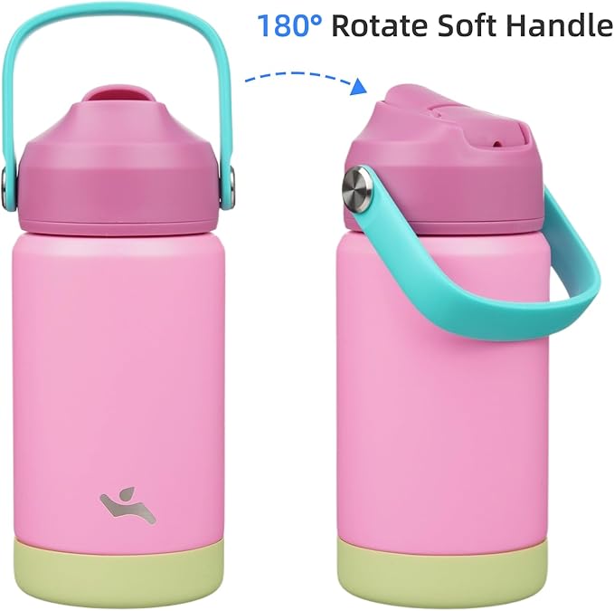 Insulated Water Bottle with Straw Lid,12 oz Stainless Steel Vacuum Metal Bottle with Silicone Handle,Rose Pink