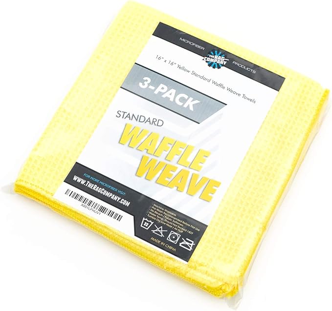 The Rag Company - Standard Waffle Weave Microfiber Towels (3-Pack) Detailing, Window, Glass and Drying, Wax & Polish, Lint-Free, Streak-Free, 370gsm, 16in x 16in, Yellow