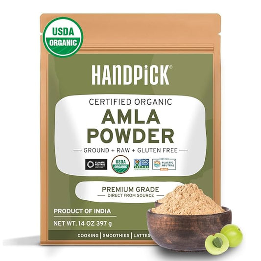 HANDPICK Organic Amla Powder (14oz) Amalaki, USDA Organic, Non-GMO | 100% Raw and Natural - Lab Tested for Purity | Indian Gooseberry Powder | Resealable Zip Lock Pouch