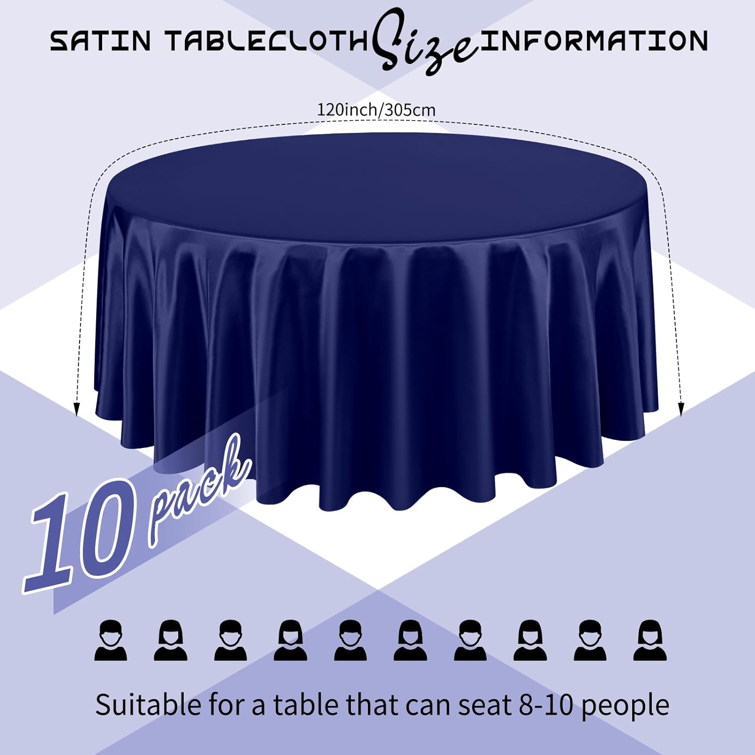 10 Packs Satin Tablecloth 120 Inch Navy Blue Round Table Cloth Silk Tablecloth Smooth Fabric Overlay Satin Table Cover Decoration for Wedding Party Banquet Events