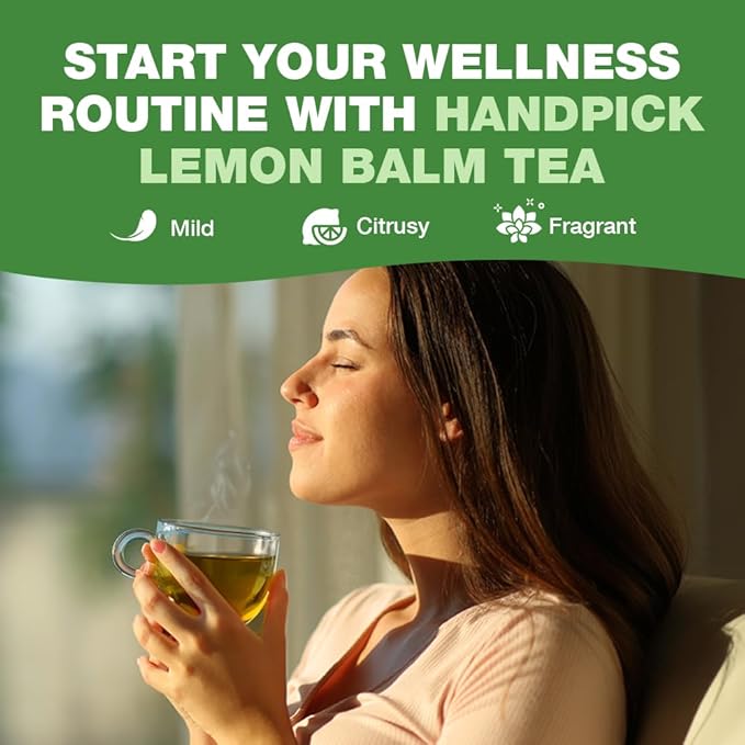 HANDPICK Lemon Balm Tea Bags – 100 Count | 100% Pure Natural Dried Lemon Balm Herb | Caffeine-Free Herbal Tea with Citrus Flavor & Aroma | Round Eco-conscious Teabags
