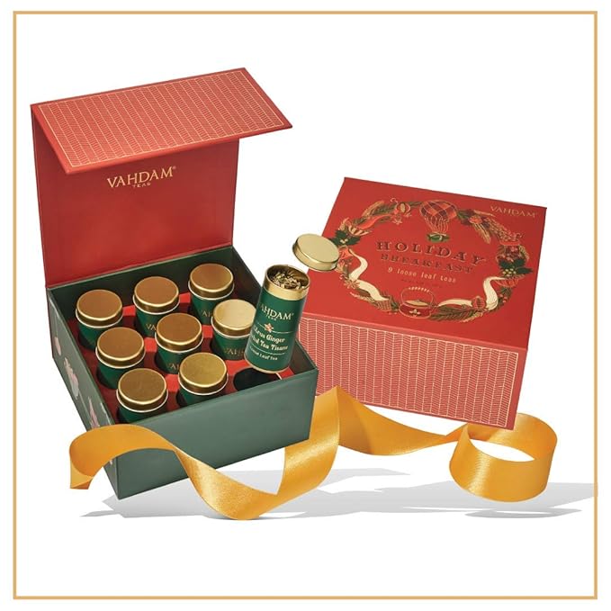 VAHDAM, Holiday Breakfast - Christmas Tea Gift Sets (90+ Cups) 9 Loose Leaf Tea - Luxury Gift Box | Christmas gifts 2024 Ideas | Christmas Gifts For Women, Men & Adults I Holiday Tea Gift Box