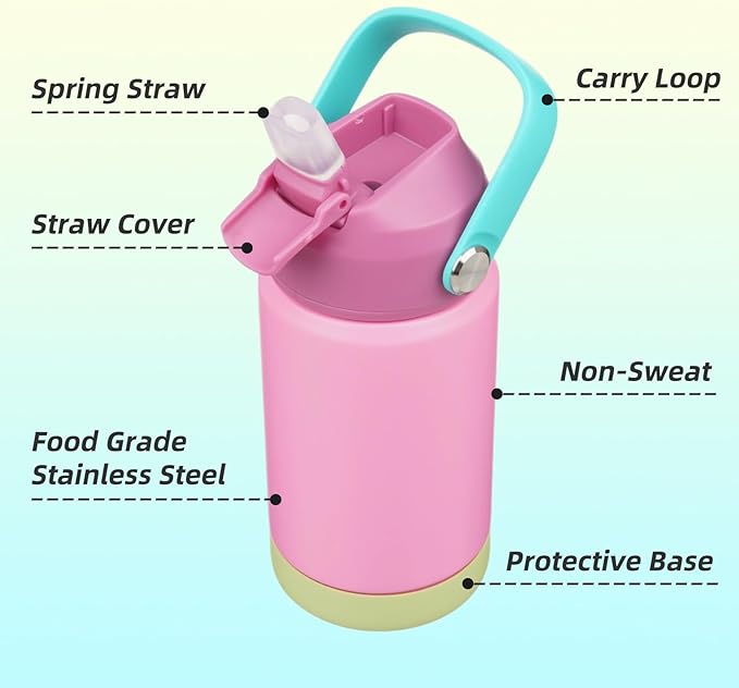 Insulated Water Bottle with Straw Lid,12 oz Stainless Steel Vacuum Metal Bottle with Silicone Handle,Rose Pink