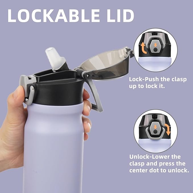 Insulated Water Bottle with Straw and Carry Loop,18 oz Stainless Steel Double Wall Vaccum Metal Water Flask with Leak-proof Lid,Light Purple