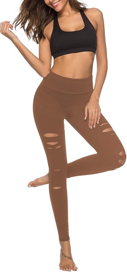 DIBAOLONG Womens High Waist Yoga Pants Cutout Ripped Tummy Control Workout Running Yoga Skinny Leggings