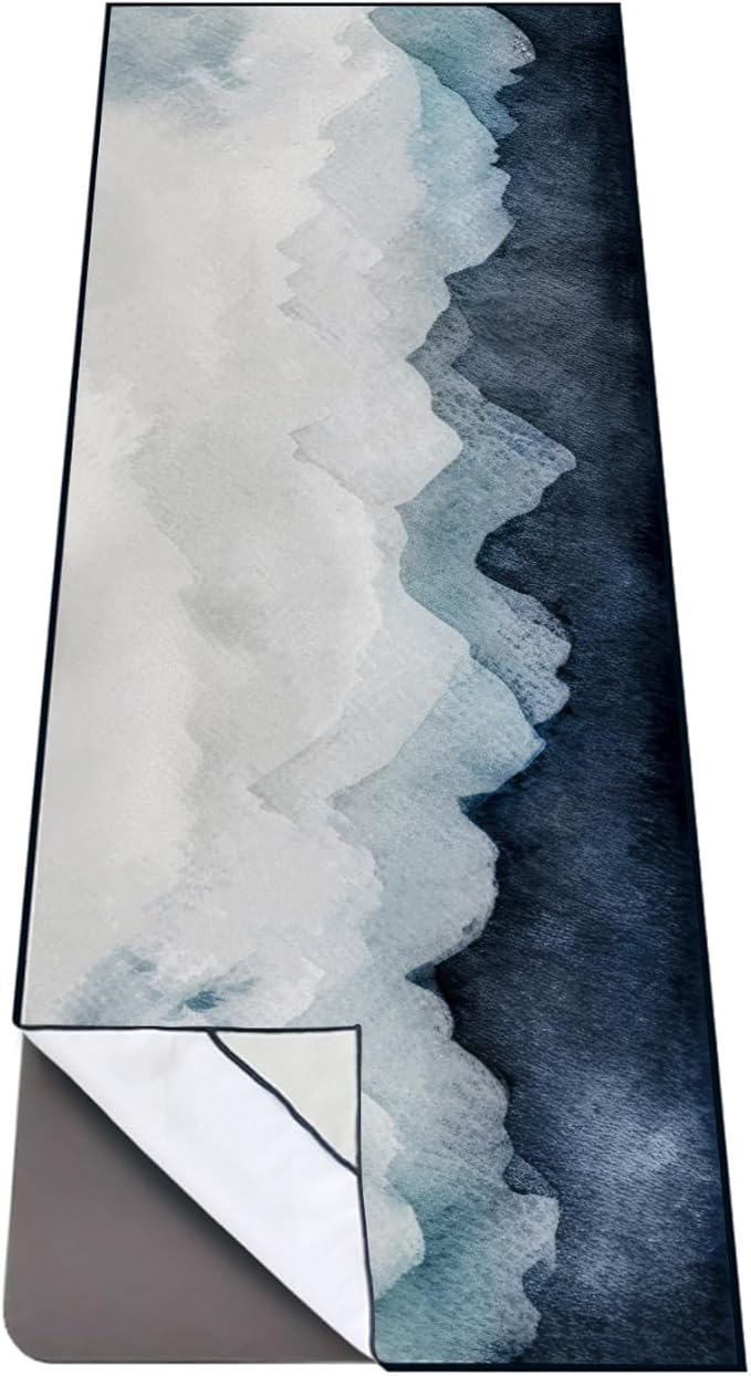 QiyI Yoga Mat Towel with Corner Pockets, Non Slip Sweat Absorbent Hot Yoga Towels, Soft Yoga Blankets with Travel Bag, Skidless Mat Cover for Workout, Gym, Fitness - 70"x26", Watercolor Mountain