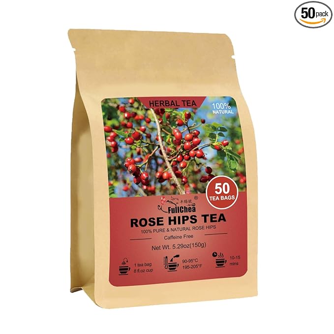FullChea - Rose Hips Tea Bags, 50 Teabags Rosehip Tea, 3g/bag - Premium Rose Hips - Non-GMO - Caffeine-free - Support Digestion & Boost Immunity