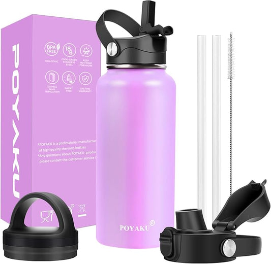 Water Bottle Insulated 32oz 40oz 64oz 128oz Straw Lid Spout Lid & 3 Lids, Leak Proof, Vacuum Insulated,Stainless Steel Water Bottle Wide Mouth for Sports, Gym or Office