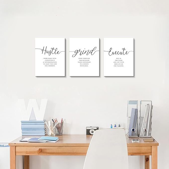 Framed Canvas Wall Art Grind Hustle Quote Poster, Office Wall Art, Positive Motivational Set of 3 Prints, Hustle prints Execute, Inspirational Wall Decor Art (H-3pcs,12x16inchx3pcs)