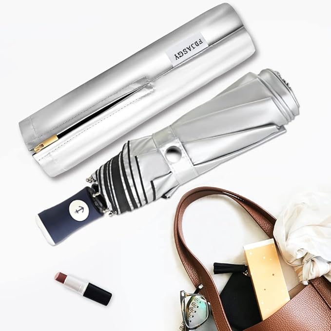 FDJASGY Silver Coating Layer Fabric Blocking UV 99.9% Sun Umbrella Compact Folding Travel Umbrella Automatic Folding Windproof Umbrellas For Men and Women (Black)