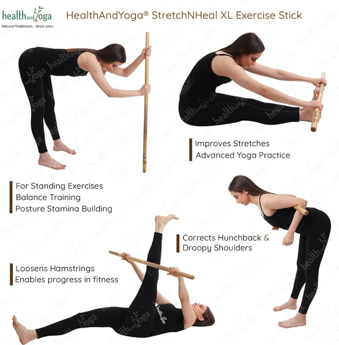 HealthAndYoga™ StretchNHeal Collapsible Multi-Use Wooden Yoga Stick - Regular and XL - Portable Posture Corrector Pole, Stretch Mobility Stick, Physical Workout Exercise Dowel