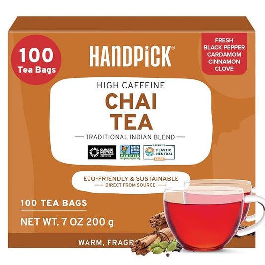 HANDPICK Masala Chai Tea Bags (100 Count) Strong Robust & Aromatic, Blended with Exotic Spices, Cinnamon, Black Pepper, Cloves & Cardamom - Premium Quality Eco-conscious Round Bags