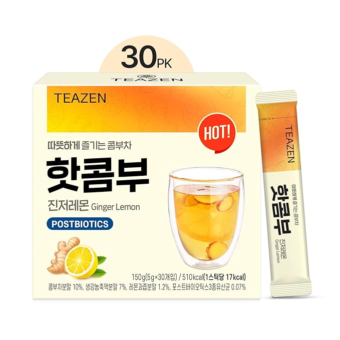 TEAZEN Lemon Ginger Hot Kombucha Tea, Live Probiotics & Postbiotics, Relaxation and Warmth for Colds and Sore Throat, Hydration Drink Mix, Sugar Free, 30 Sticks, 5.29oz