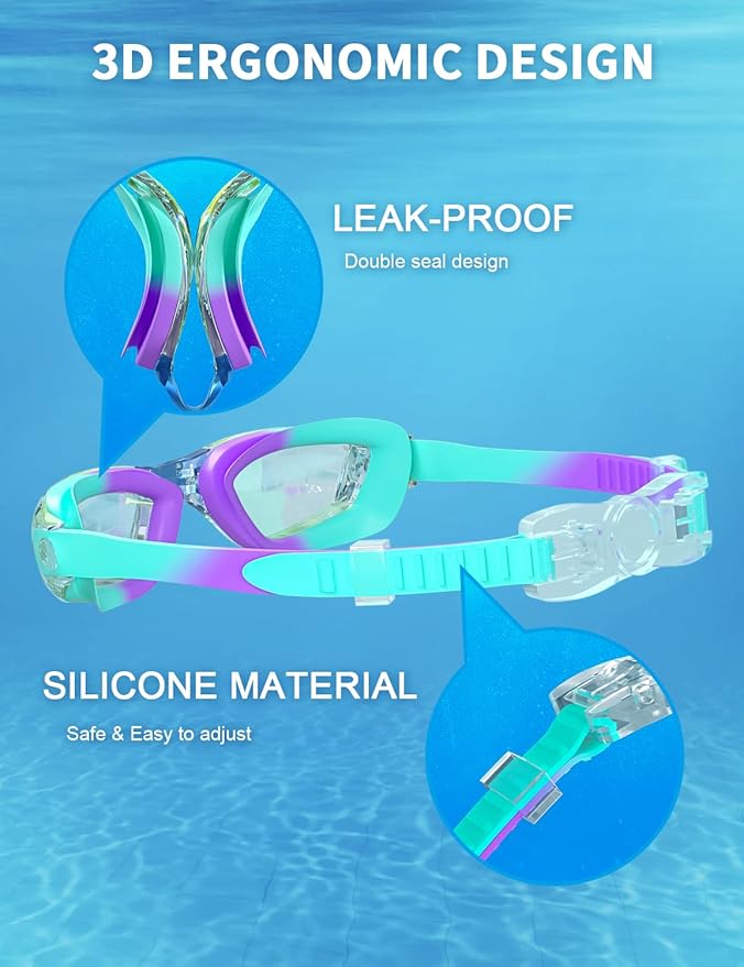 Kids Swim Goggles, Swimming Goggles for Kids with Nose Clip, Earplugs, Nose Bridge for Age 3-15