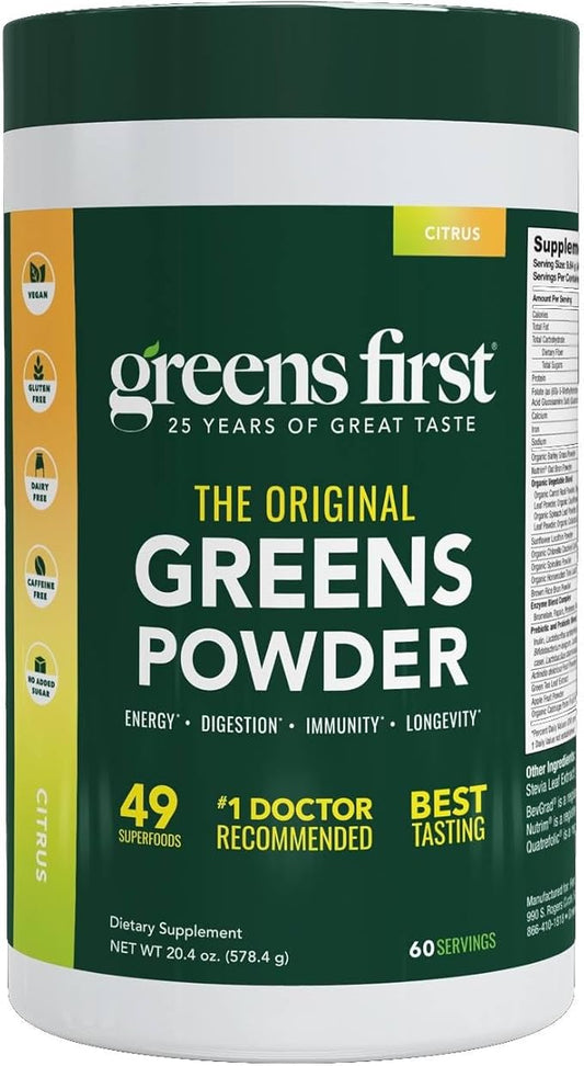 Greens First Original Greens Powder - 49 Superfoods - Organic Fruits & Veggies - Prebiotics, Probiotics & Digestive Enzymes - Antioxidant Smoothie - Dairy Free/Vegan/Non-GMO (Citrus, 60 Servings)