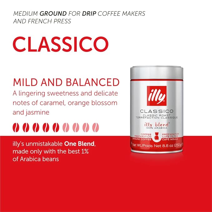 illy Drip Coffee - Ground Coffee - 100% Arabica Ground Coffee – Classico Medium Roast - Notes of Caramel, Orange Blossom & Jasmine - No Preservatives – Mild & Balanced – 4.4 Ounce