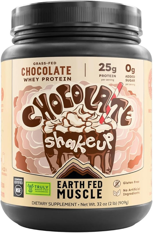 Earth Fed Muscle Chocolate Shakeup Truly Grass Fed Whey Protein Isolate NSF-Certified. No Artificial Ingredients, Soy Free, Gluten Free, Non-GMO and Hormone Free (2 Pound, 29 Servings, Chocolate)