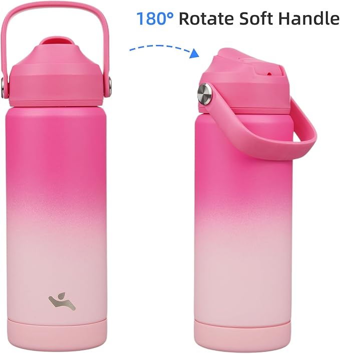 Insulated Water Bottle with Straw Lid,18 oz Stainless Steel Vacuum Metal Bottle with Silicone Handle,Cherry Blossom