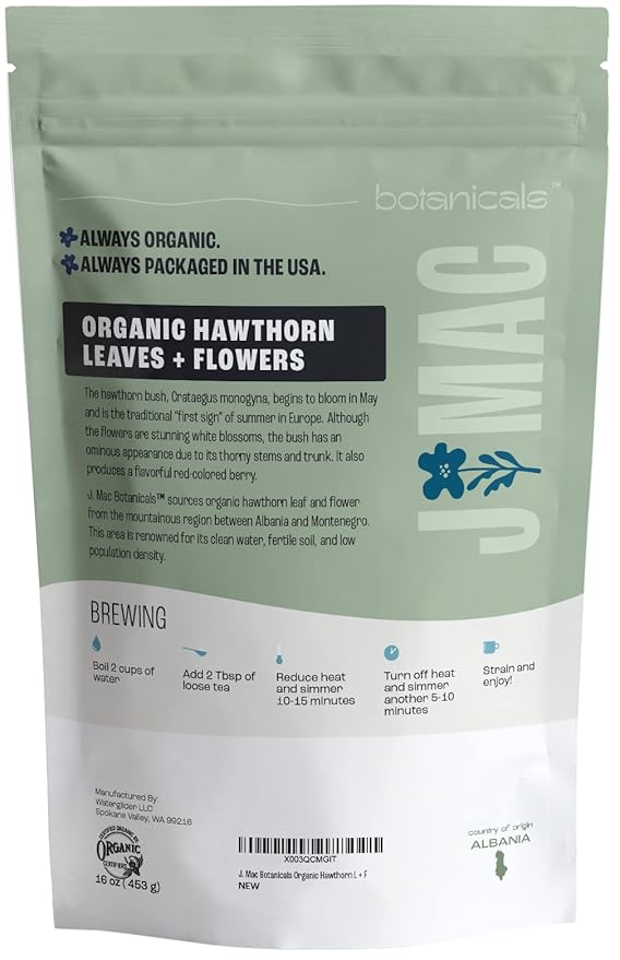 J MAC BOTANICALS Organic Hawthorn Leaves and Flower (8 oz) Dried Hawthorne leaf tea