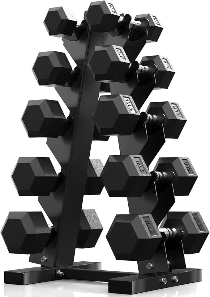 PAPABABE Hex Dumbbell Sets with Rack, 60-550lb Rubber Coated Dumbbell Weight Set and Storage Rack, Multiple Options Hand Weights for Strength Training