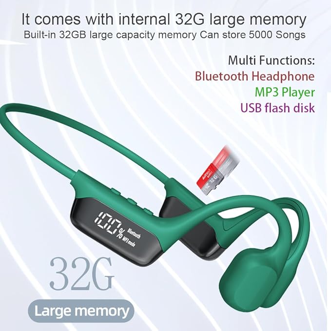 IHAO Swimming Headphones True Bone Conduction Open Ear Headset MP3 Player Built-in 32G Memory IP68 Underwater Waterproof Stereo Bluetooth Earphone for Driving Bicycling Running Skiing-S10 Green