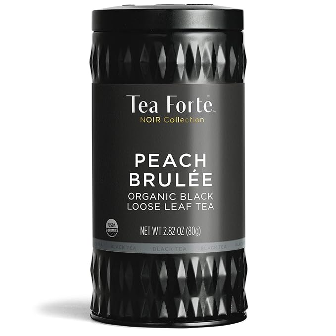 Tea Forte Peach Brulee Premium Organic Loose Leaf Caffeinated Black Tea Blend Canister, Makes 35-50 Cups