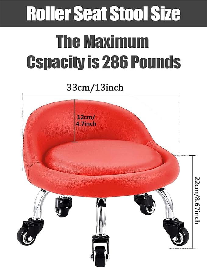 Lanstics Low Rolling Stool with Leather Roller Seat and Backrest - Universal Wheels for Home Office and Fitness (Red)