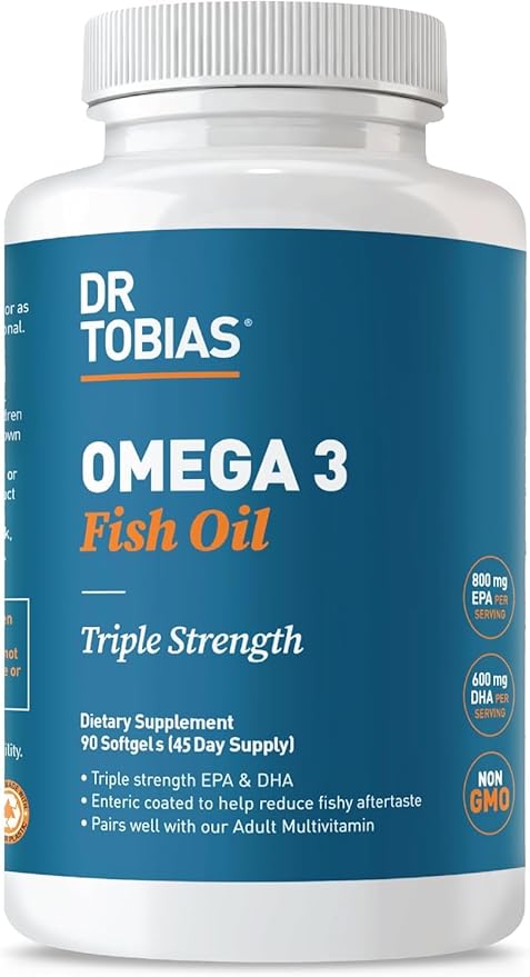 Dr. Tobias Omega 3 Fish Oil, 2000mg Triple Strength with 800mg EPA 600mg DHA Per Serving, Fish Oil Omega 3 Supplements for Heart, Brain & Immune Support, 90 Softgels, 45 Servings