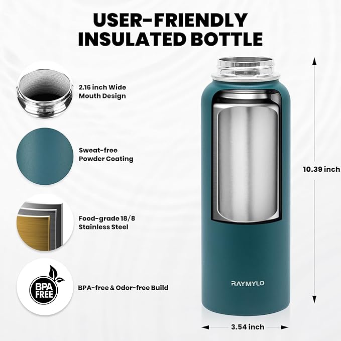 Insulated Water Bottle 40 oz, Triple Wall Vacuum Stainless Steel (Cold for 48 Hrs), Leak Proof & Non-BPA, Modern Water Flask Jug with Paracord Handle & Straw Spout Lids, Dark Green