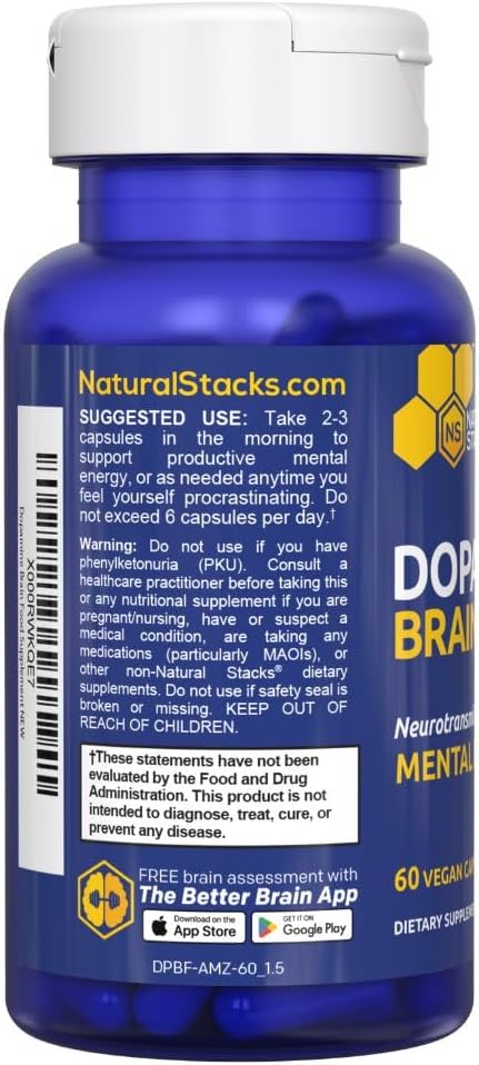 Dopamine Brain Food - 650mg L-Tyrosine Supplement - Dopamine Supplement for Focus & Mental Drive - Supports Mental Energy - Neurotransmitter Support with B Vitamins - 120 Capsules