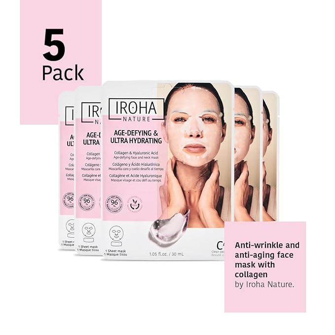 IROHA NATURE Face Masks - Packs for Better Skin (Pack of 5, Anti-Aging Face & Neck Tissue Mask with Collagen (96% Natural Ingredients))