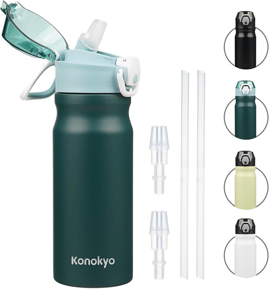 Insulated Water Bottle with Straw and Carry Loop,18 oz Stainless Steel Double Wall Vaccum Metal Water Flask with Leak-proof Lid,Dark Green