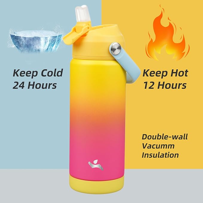 Insulated Water Bottle with Straw Lid,18 oz Stainless Steel Vacuum Metal Bottle with Silicone Handle,Rainbow