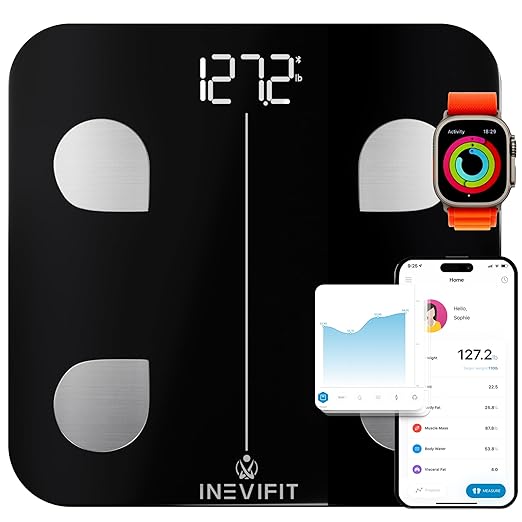 INEVIFIT Smart Body Fat Scale, Highly Accurate Bluetooth Digital Bathroom Body Composition Analyzer, Measures Weight, Body Fat, Water, Muscle, Visceral Fat & Bone Mass for Unlimited Users (Black)