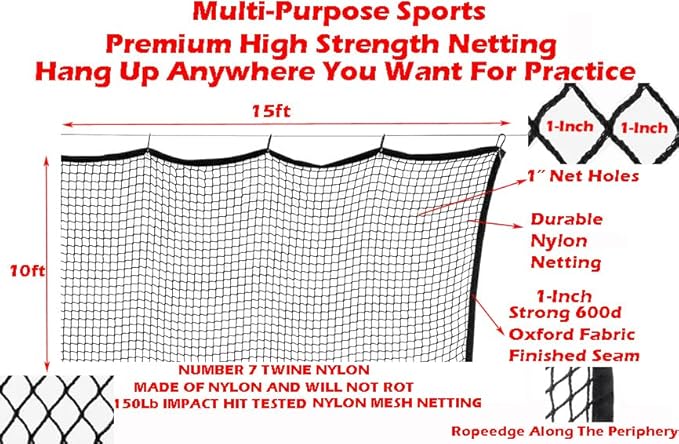 10ft, 15ft, 25ft Sports Practice Netting Sturdy Net Hitting Throwing Pitching Net 150LB Impact Hit Tested Nylon Mesh Netting for Golf, Baseball, Softball, Hockey, Soccer, LAX