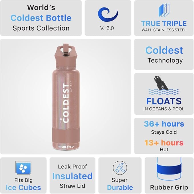Coldest Insulated Water Bottle with Straw Lid - Stainless Steel Metal Insulated Bottle for Men & Women (Golden Rose Glitter, 40 oz)