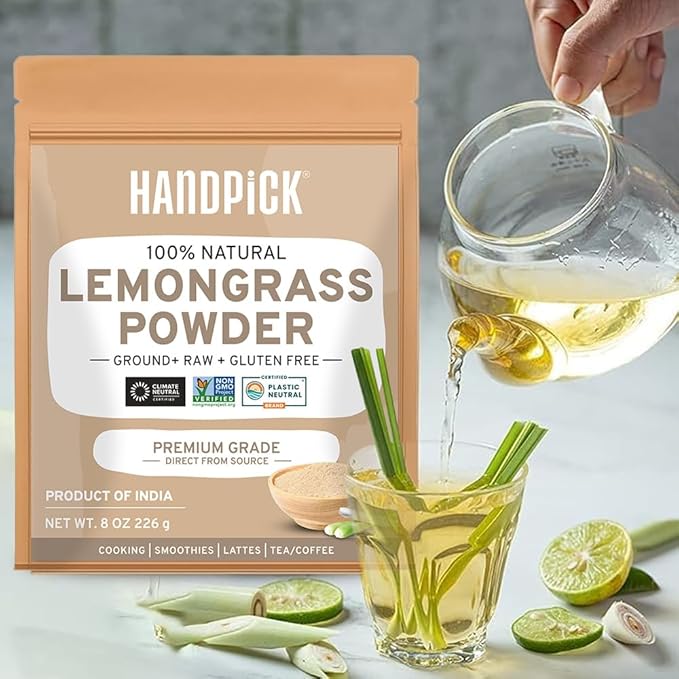 HANDPICK Lemongrass Powder (226g/8oz) Non GMO, Gluten Free, 100% Raw, Sourced from India, For Cooking, Smoothies, Tea, Packed in Resealable Ziplock Pouch