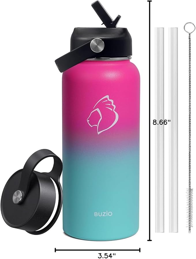 BUZIO Insulated Water Bottle with Straw Lid and Flex Cap, 32oz Double Wall Vacuum Stainless Steel Thermo with Wide Mouth Lid, Cold 48 Hrs Hot 24 Hrs Sweat Proof Flask, Rose and Green