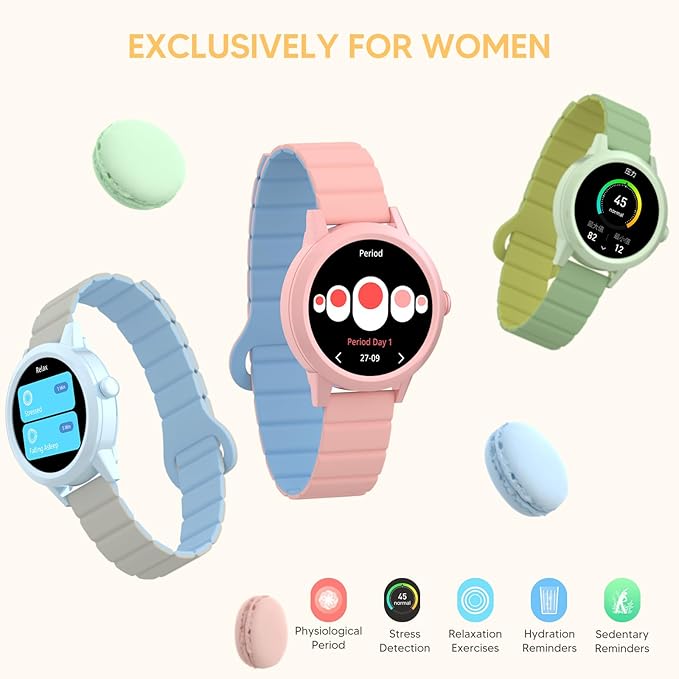 KAVVO Macaron 36mm Round Stylish Watch, 1.106'' AMOLED Retina Screen, Always-on Display, Silicone Magnetic Suction Strap, Female Health Record, Waterproof(Sakura Pink)