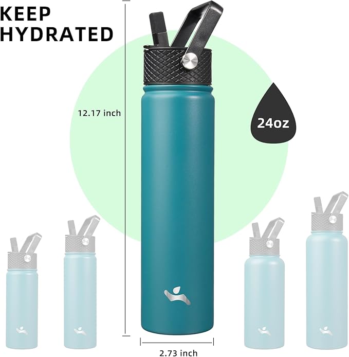 Insulated Water Bottle 24oz Stainless Steel Sport Bottles with 3 Lids,Light Blue