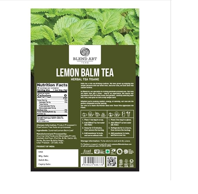 BlendArt Teas - Lemon Balm Herbal Tea - 30 Count - Pyramid Tea Bag | Relive Stres- Lemon Balm Herbal Tea | Reduces Bloating | Refreshing Flavour - Leaf Based - Caffeine Free | Ziplock Pouch