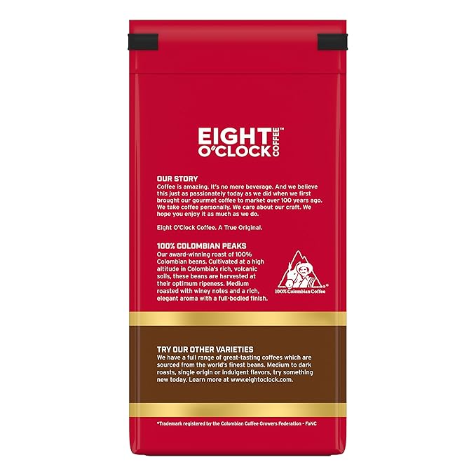 Eight O'Clock Coffee 100% Colombian Peaks Ground Coffee, Medium Roast, 11 Ounce (Pack of 6) - Rich, Winey & Full Bodied