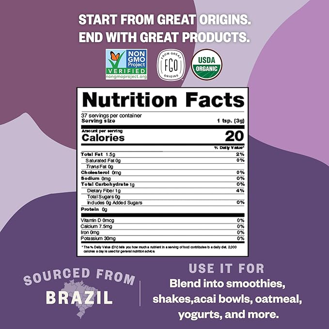 FGO Organic Acai Powder, 1 Pound / 16oz Bulk Resealable Pouch, Freeze Dried Superfood Berry from Brazil, No Sugar & Additives,Great for Drinks, Smoothie, & Beverages, Non-GMO (Pack of 1)