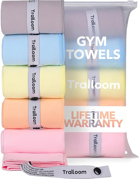 Microfiber Workout Towels - Quick Dry, Highly Absorbing, Odor-Free, for Women & Men - Gym Sweat Sports Towel for Hot Yoga, Tennis, Running, Exercise, Working Out, Camping, Set of 5 Pastel