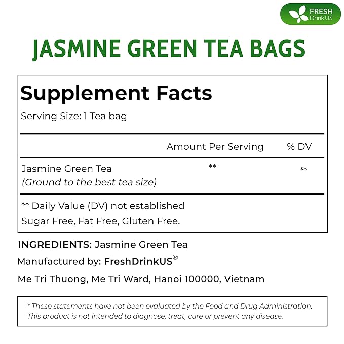 FreshDrinkUS Premium 135 Jasmine Green Tea Bags - 100% Natural & Pure, Made with Natural Material Tea Bags, No Sugar, No Gluten, Vegan