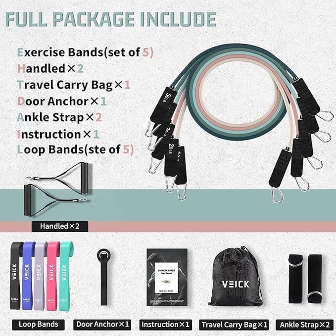 VEICK Resistance Bands, Exercise Bands for Working Out with Handles, Elastic Workout Bands for Men Women, Exercising Bands for Strength Training Equipment at Home Gym