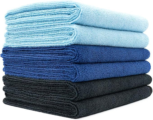 The Rag Company Microfiber Spa and Yoga Towel - Soft and Absorbent Towel for Gym, Spa, Exercise, Hotel, and Resort Use - Dries Fast - 16x27 inches - Light Blue, Royal Blue, Black, 6-Pack