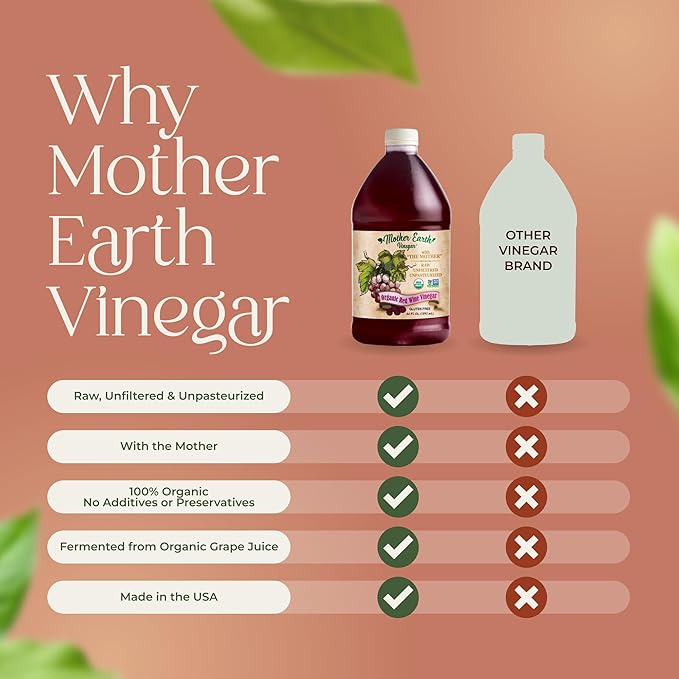 Mother Earth, Organic Red Wine Vinegar with The Mother, Fresh Pressed Organic Cabernet Grapes, ORWV, RWV, Raw, Unpasteurized, Unfiltered (1/64oz)