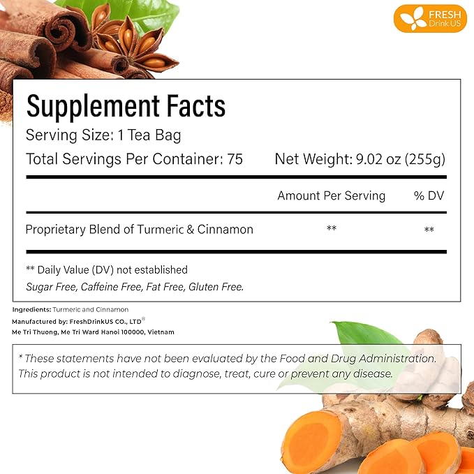 FreshDrinkUS, Premium 75 Turmeric Cinnamon Tea Bags, 100% Natural, Blend of Turmeric, and Cinnamon. Made with Natural Material Tea Bags. No Sugar. No Caffeine. Vegan.